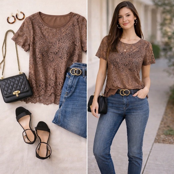 BKE Boutique Tops - BKE Boutique Brown Lace Short Sleeve Sheer Top BTQM46071 Womens Large Boho Chic